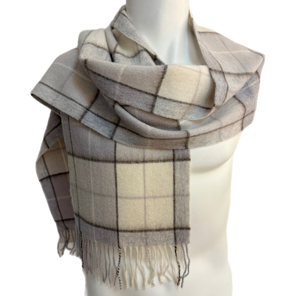 James Pringle Weavers 🇬🇧 Wool Scarf - Natural Box Check | Grey, Cream & Lilac